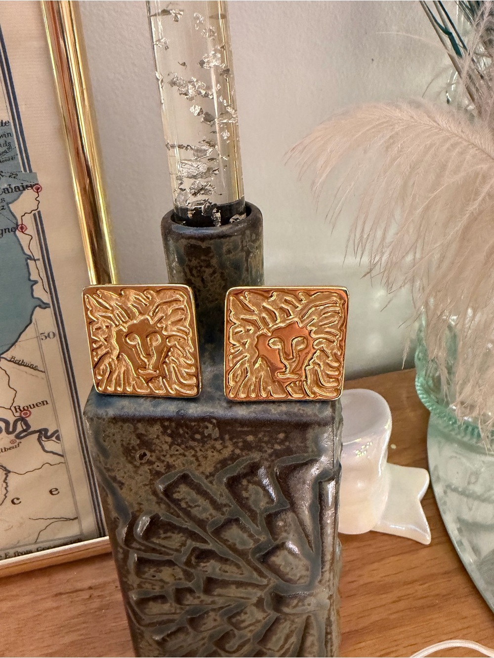 Anne Klein Gold-Tone Lion Head Square Earrings